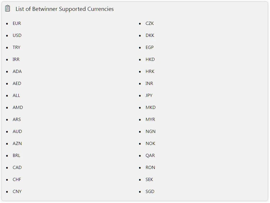 Winng Betwinner Supported Currencies